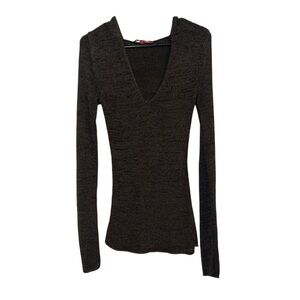 J.J. Basics Vintage Chocolate Brown Open Knit Hooded V-Neck Sweater